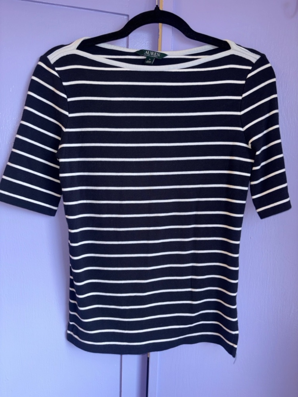 Lauren Ralph Medium White Navy Light Blue Striped Short Sleeve Boatneck coastal